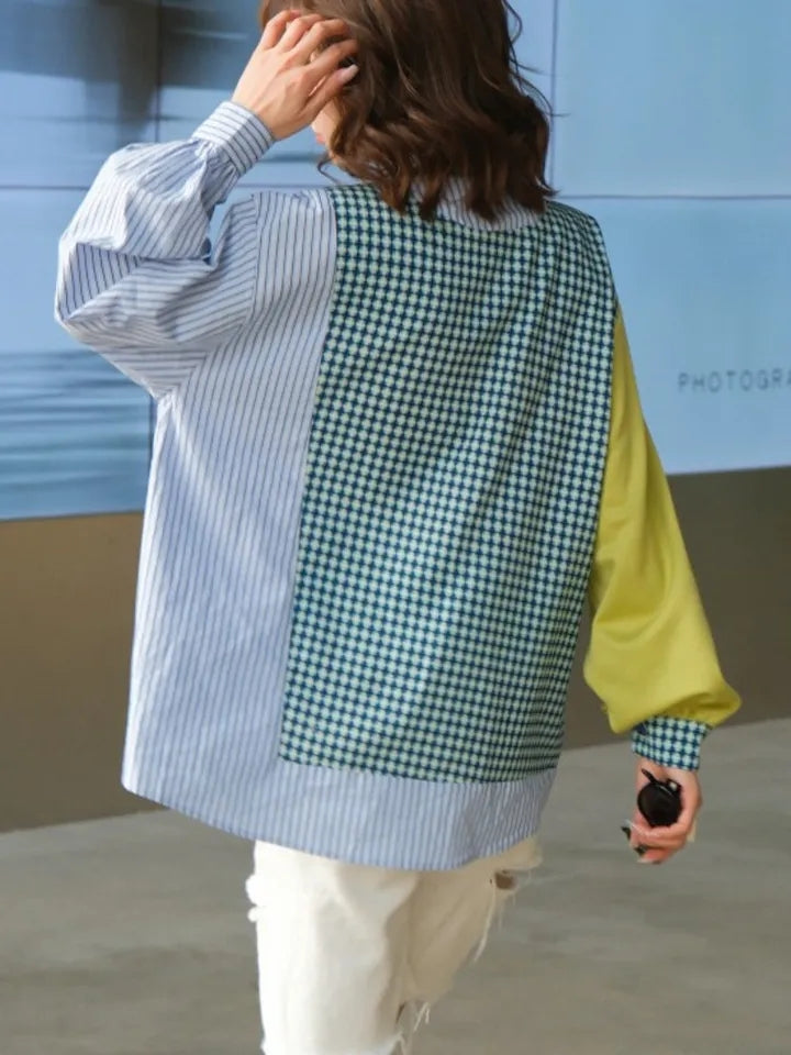 Striped Patchwork Blue Cotton Shirt Dress