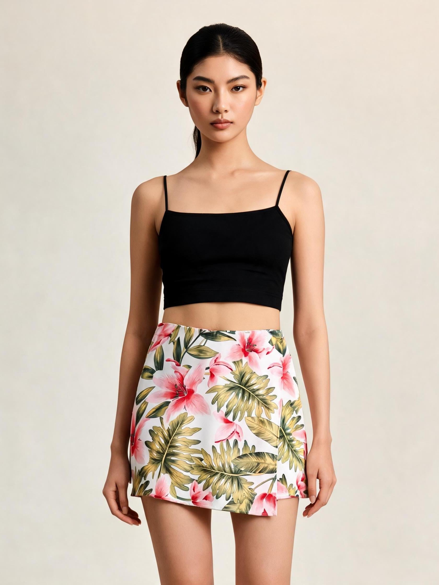 Floral Print Skorts Skirt by EXCLUSIVES; white background with pink flowers and green leaves