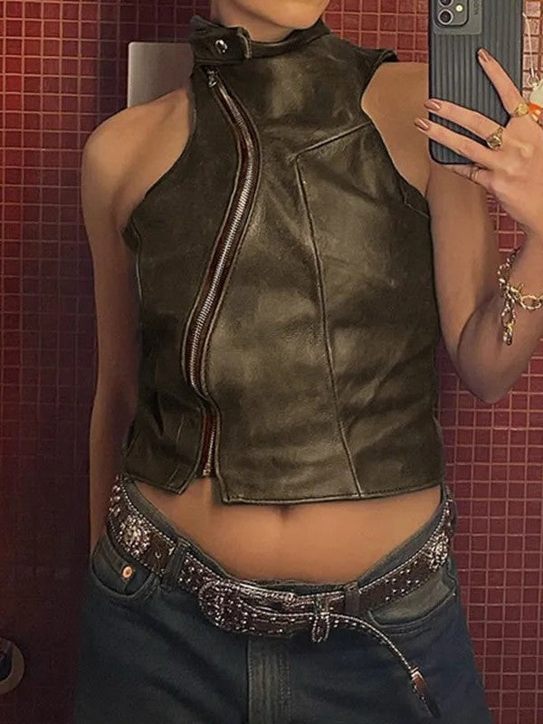 Sleeveless High Neck Leather Top Brown
