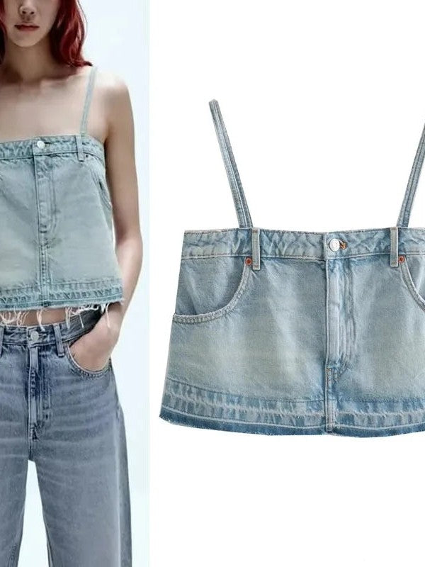 Spaghetti Strap Cami Denim Crop Top