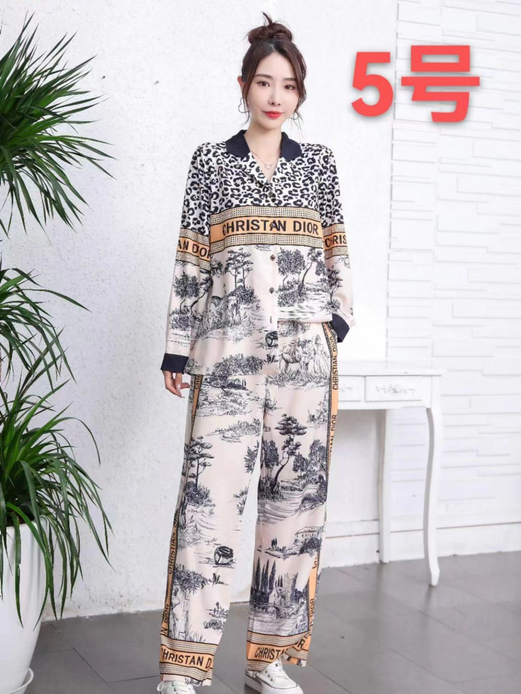 FIFI Print L V Shirt & Wide Leg Pants Coord Set