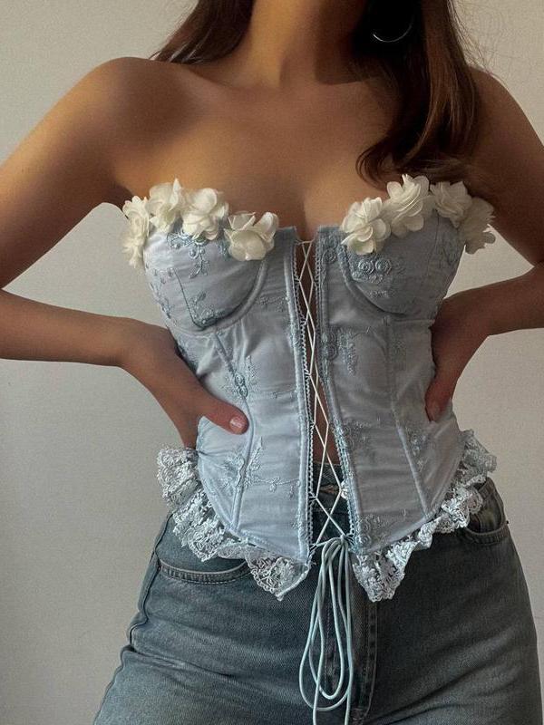 Floral Flounce Trim Lace Up Boning Corset Top
