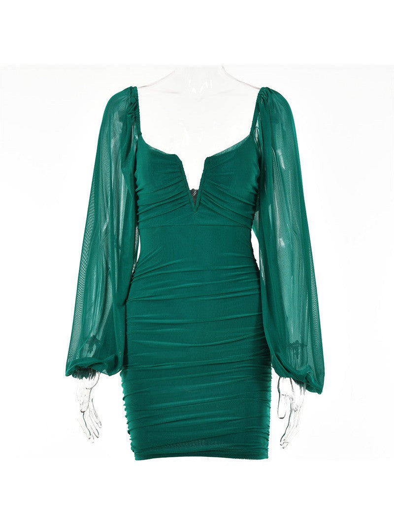 V Neck Dress Voile Full Sleeve Mesh Backless Dress