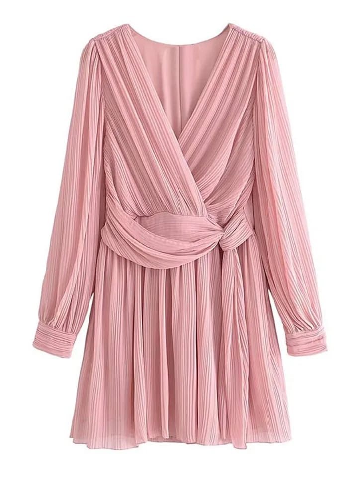 Lantern Sleeve Pleated A Line Dress