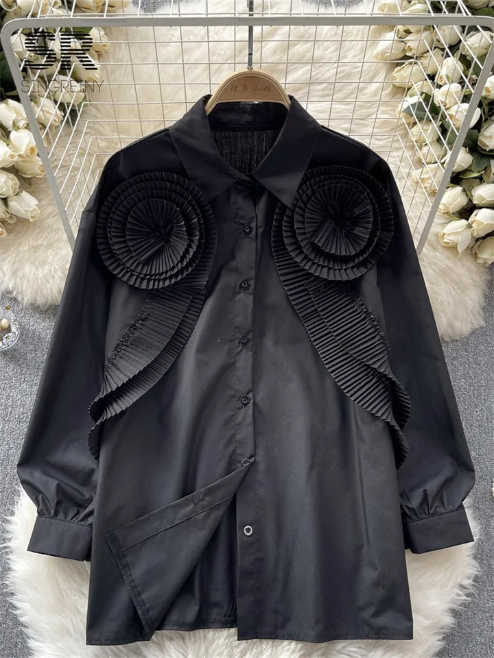 Ruffles Pleated Flower Patch Long Shirt
