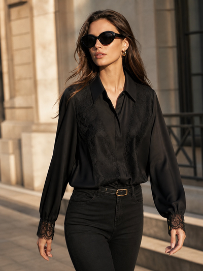 Black shirt with lace patch by EXCLUSIVES, long-sleeve top with lace panels.