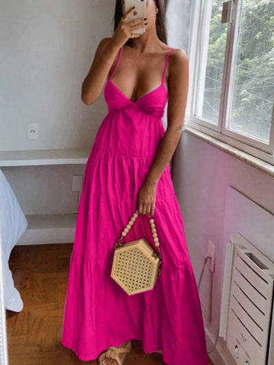 Tied Strap V Neck Flare Backless Maxi Dress Tied Strap V Neck Flare Backless Maxi Dress