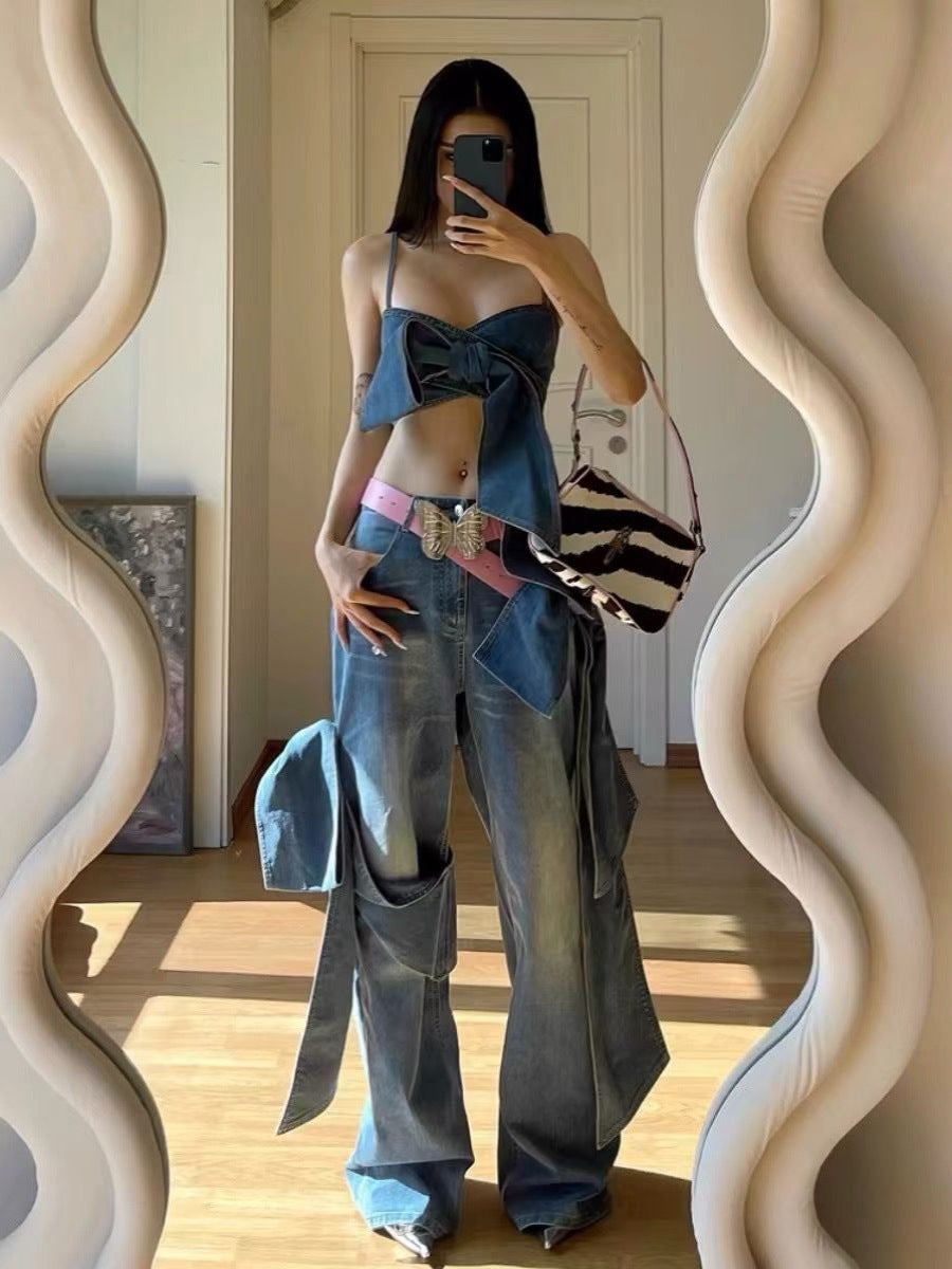Denim Bow Tube Vest Top & Pant Coord Set
