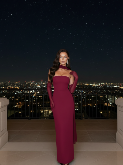 Strapless Sleeves Ruched Tube Maxi Dress with Scarf, burgundy by Exclusives, on sale