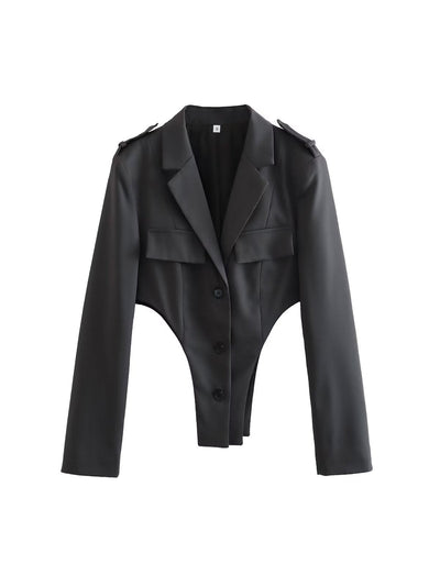 Black Blazer Cutout Bodysuit & High Waist Pants Coord Set