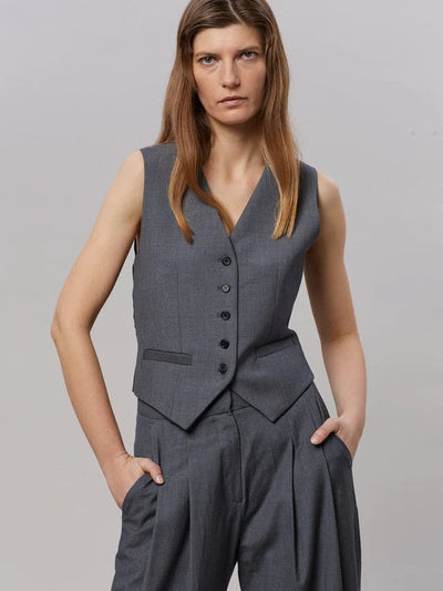 Gray sleeveless waistcoat with a V-neck and five-button front, paired with matching high-waisted pleated wide-leg pants.