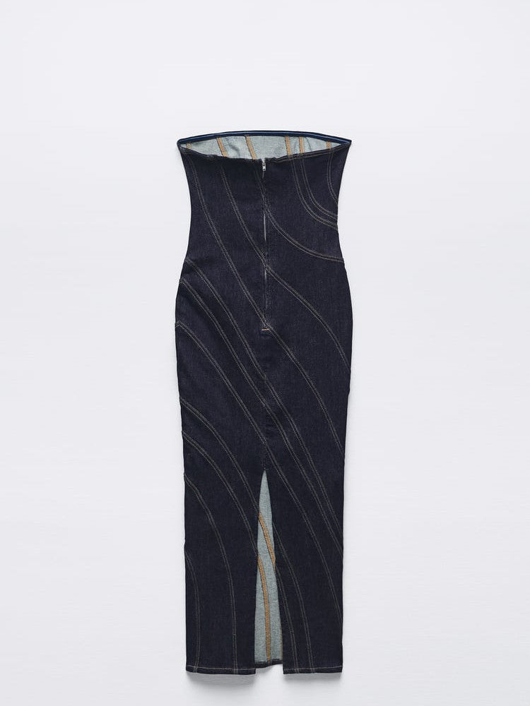 Denim Tube Side Stitching Dress