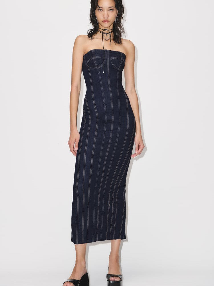 Denim Tube Side Stitching Dress