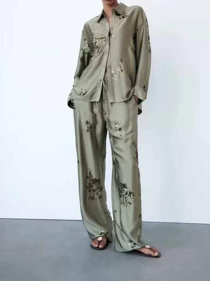 Embroidered Sequin Shirt & Pants Coord Set