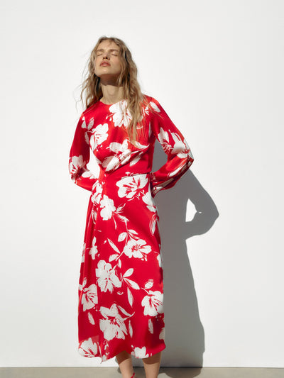 Red Floral Print Long Dress