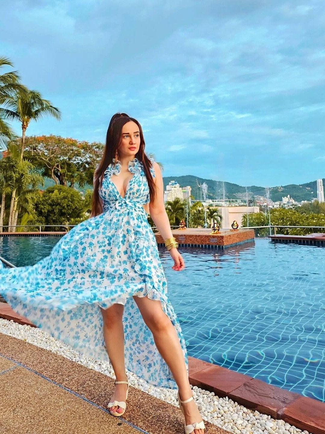 Floral Print Hollow Out Cutout Deep V Plunge Ruffled Backless Dress