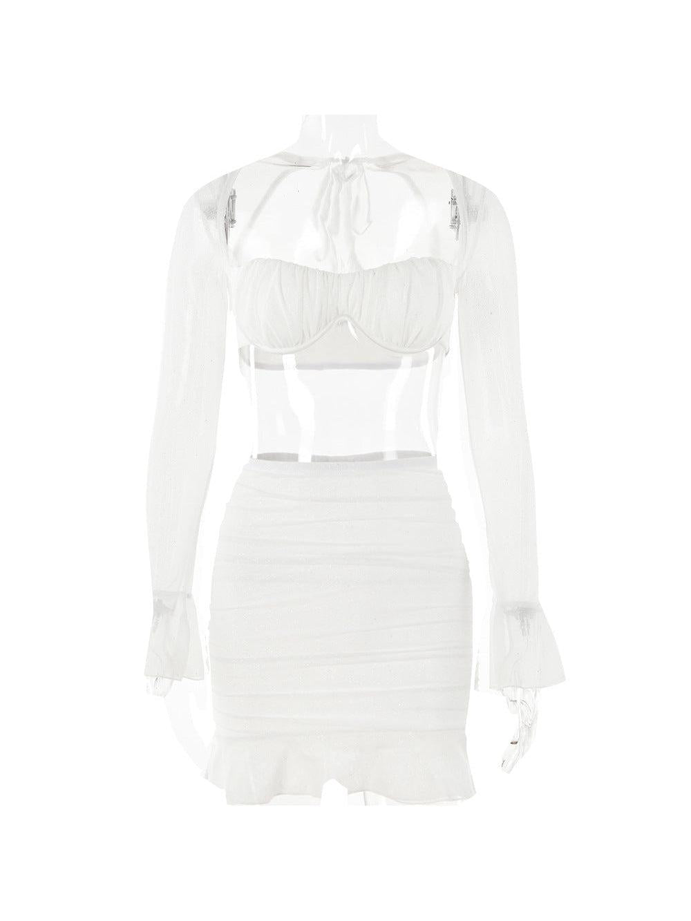 Square Neck Bell Sleeve Backless Stitching Hip Skirt Set