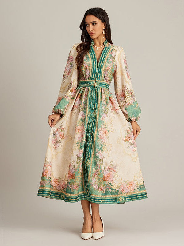 Floral Print V Neck Maxi Dress