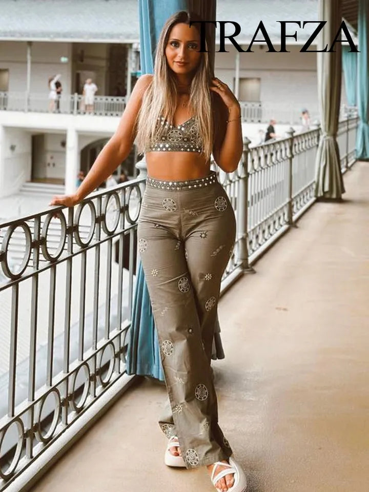 Embroidered Spaghetti Strap Cami Top & Pants Coord Set