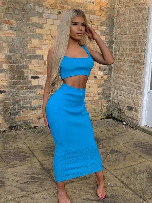 Ribbed Sleeves Crop & Skirt Coord Set