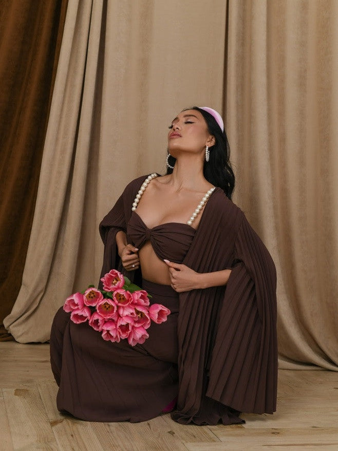 Pearl Koticim Bralette with Cape & Pants 3 Piece Set-Brown