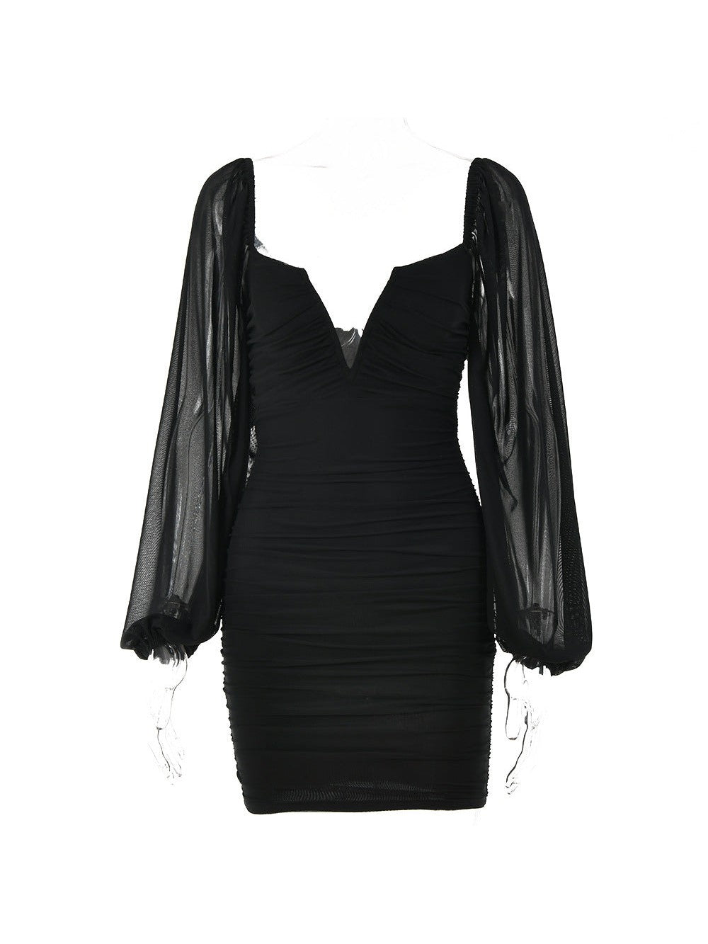 V Neck Dress Voile Full Sleeve Mesh Backless Dress