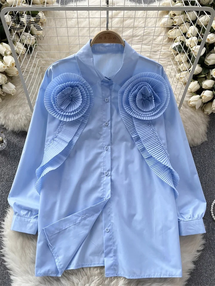 Ruffles Pleated Flower Patch Long Shirt