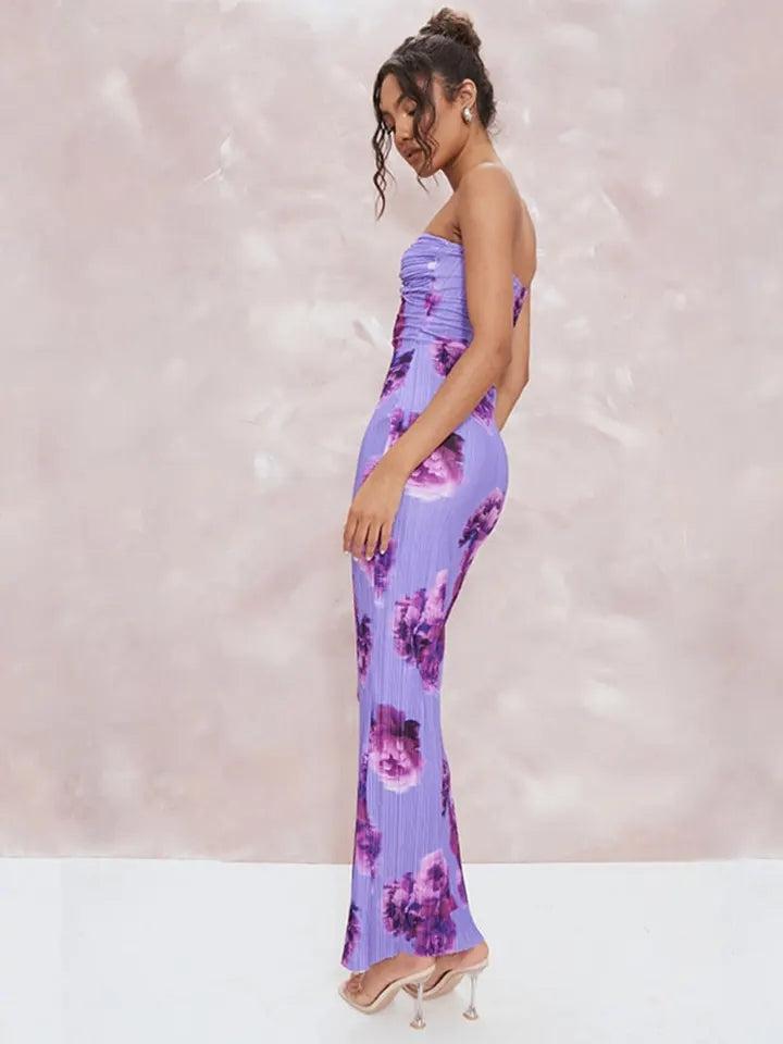 Printed Pleated Bandeau Tube Maxi Dress