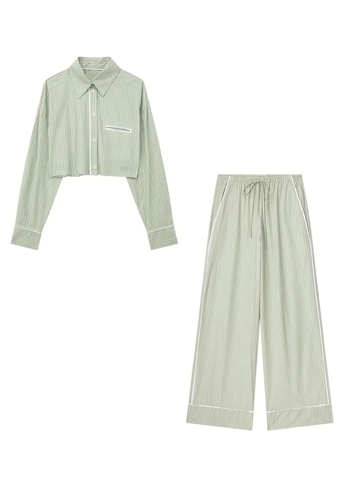 Mint Green Striped Crop Top & Pants Coord Set