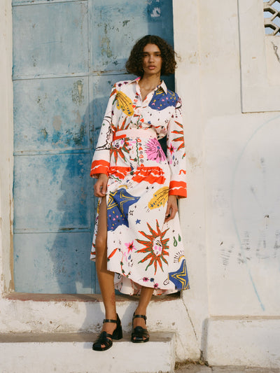 Abstract Print Dress with Belt