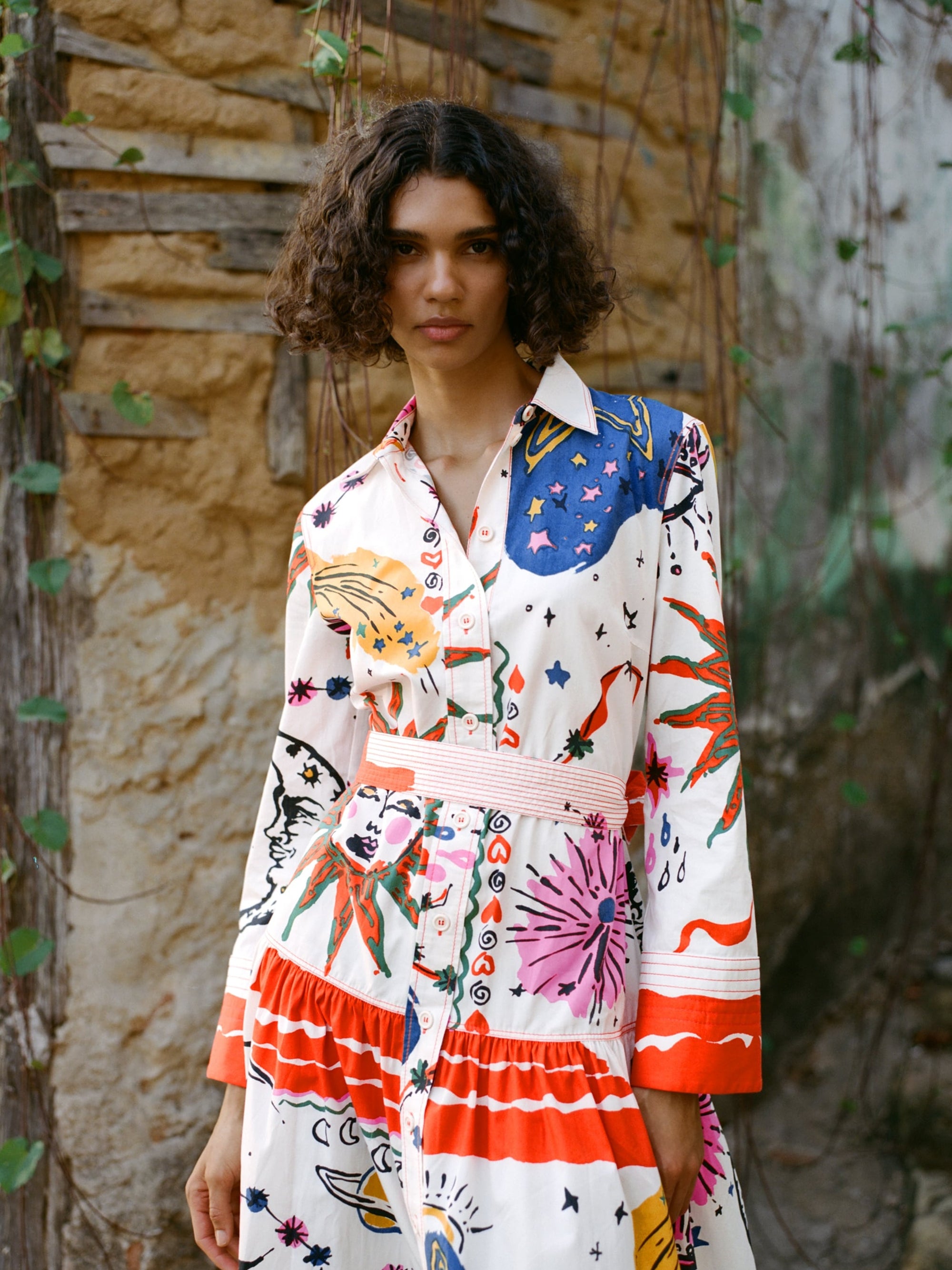 Abstract Print Dress with Belt