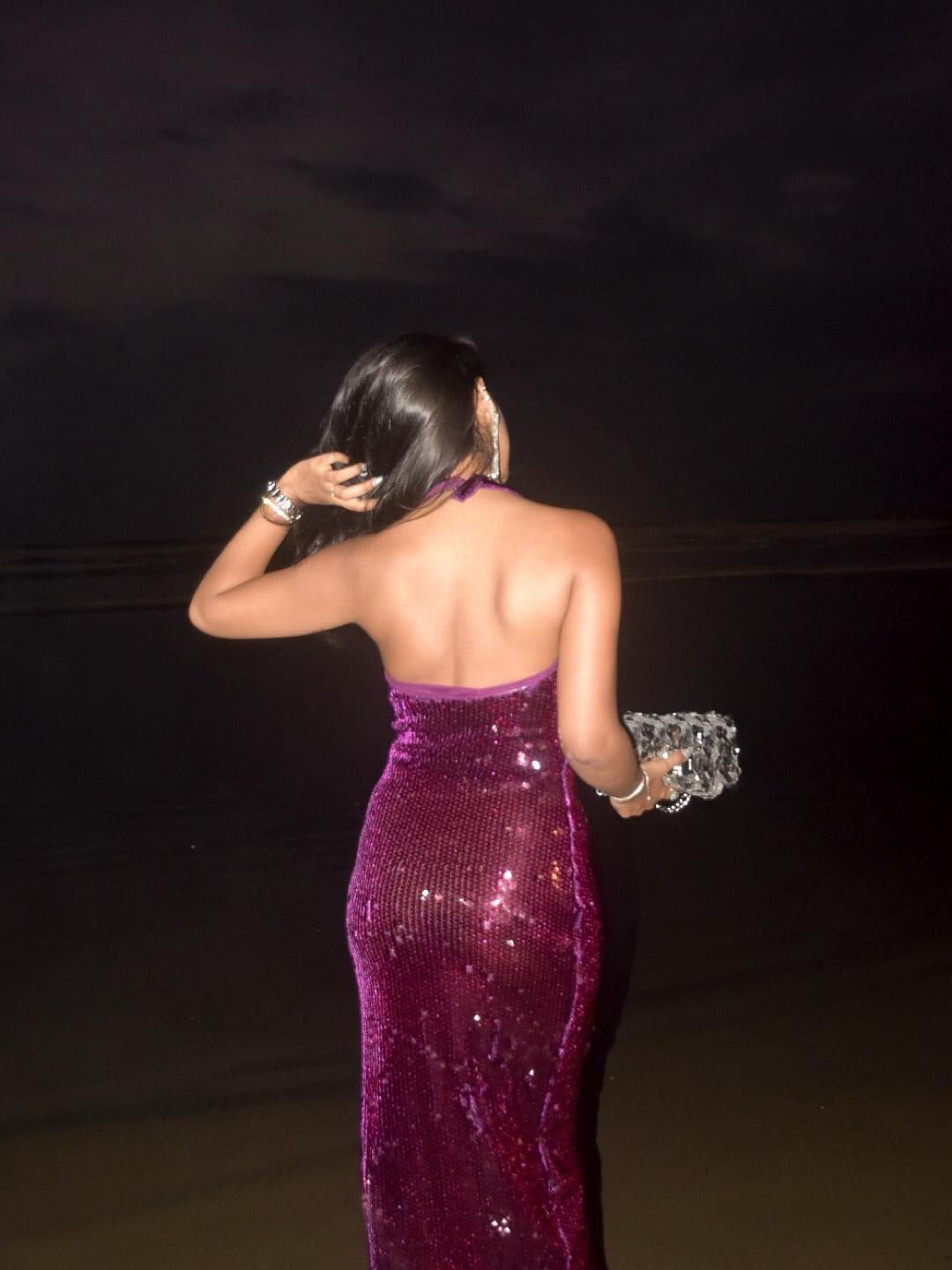 Burgundy Halterneck Sequins Slit Dress