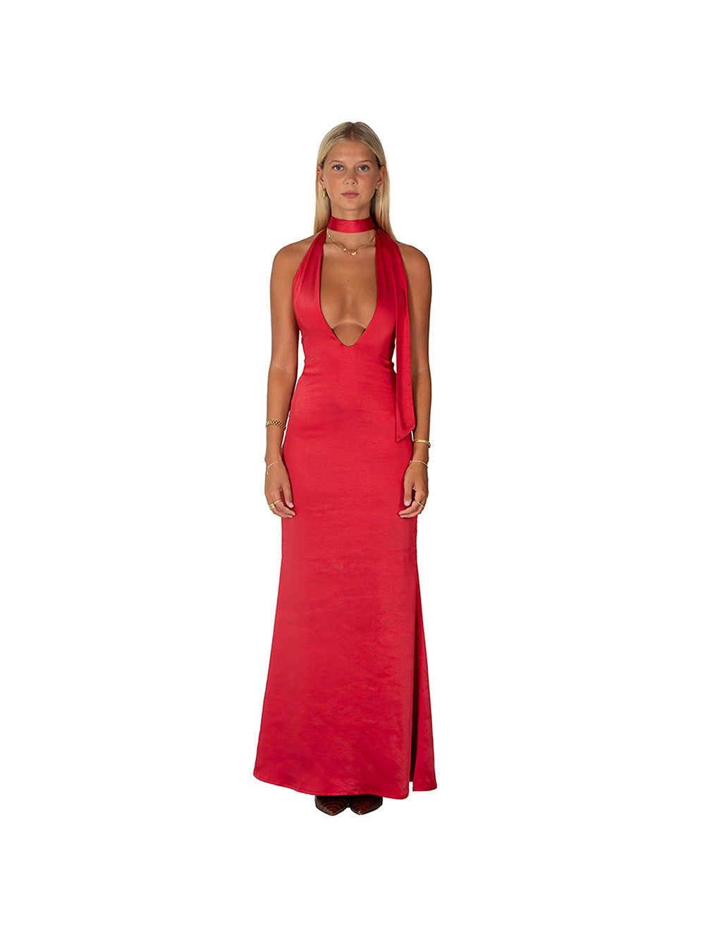 Halterneck Lace Up V Neck Backless Maxi Dress