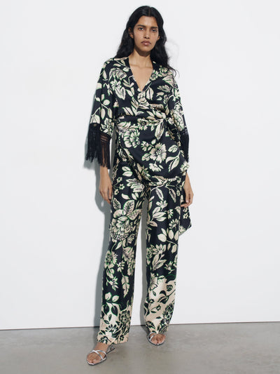 Tassel Sleeves Kimono Knotted Top & Wide Leg Pants Coord Set