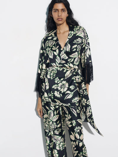 Tassel Sleeves Kimono Knotted Top & Wide Leg Pants Coord Set