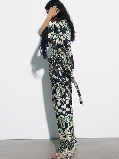 Tassel Sleeves Kimono Knotted Top & Wide Leg Pants Coord Set