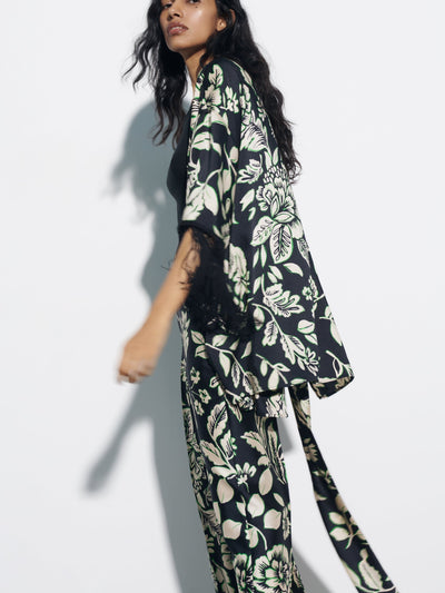 Tassel Sleeves Kimono Knotted Top & Wide Leg Pants Coord Set