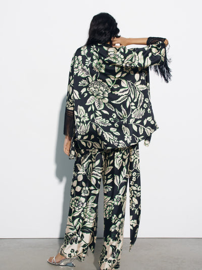 Tassel Sleeves Kimono Knotted Top & Wide Leg Pants Coord Set