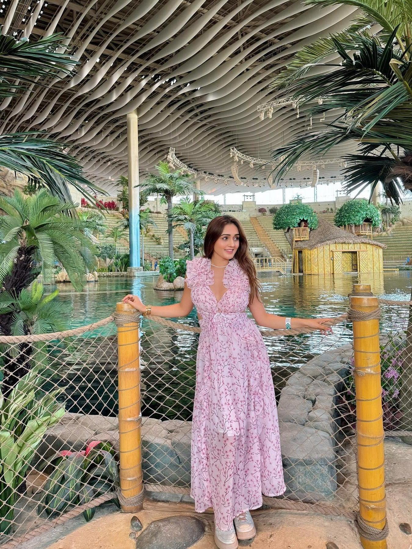 Floral Print Hollow Out Cutout Deep V Plunge Ruffled Backless Dress