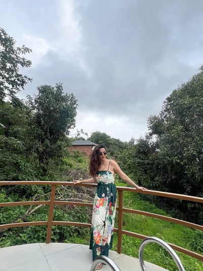 Spaghetti Strap Tropical Print Green Sundress