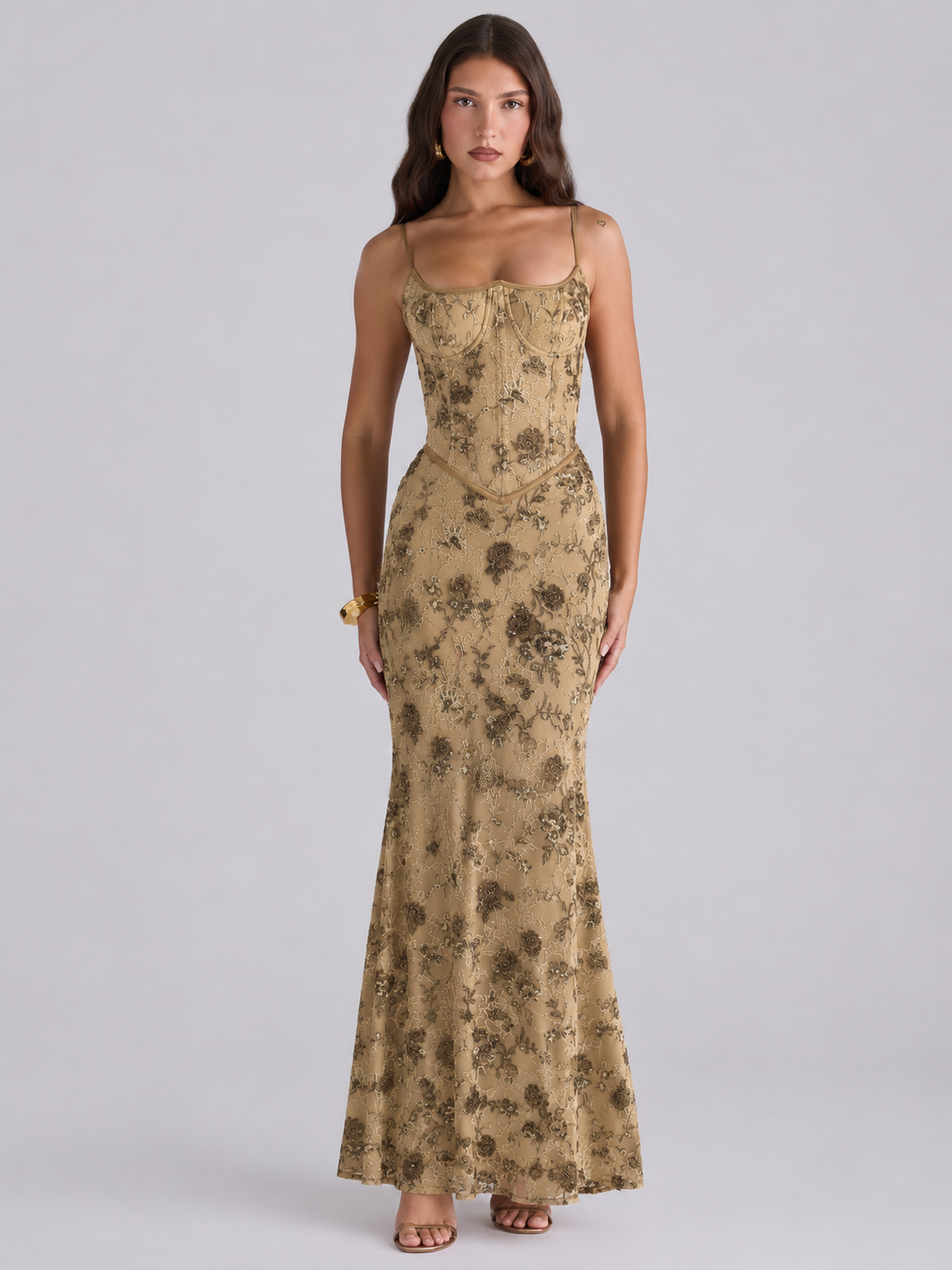Printed Corset Mermaid Maxi Dress by Exclusives in champagne gold floral lace.