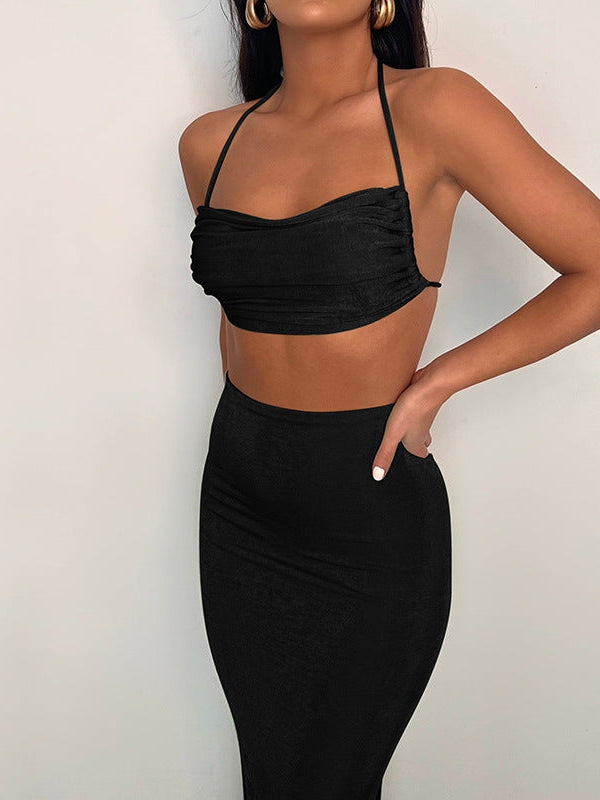 Lace up Tube Top & Pleated Skirt Set