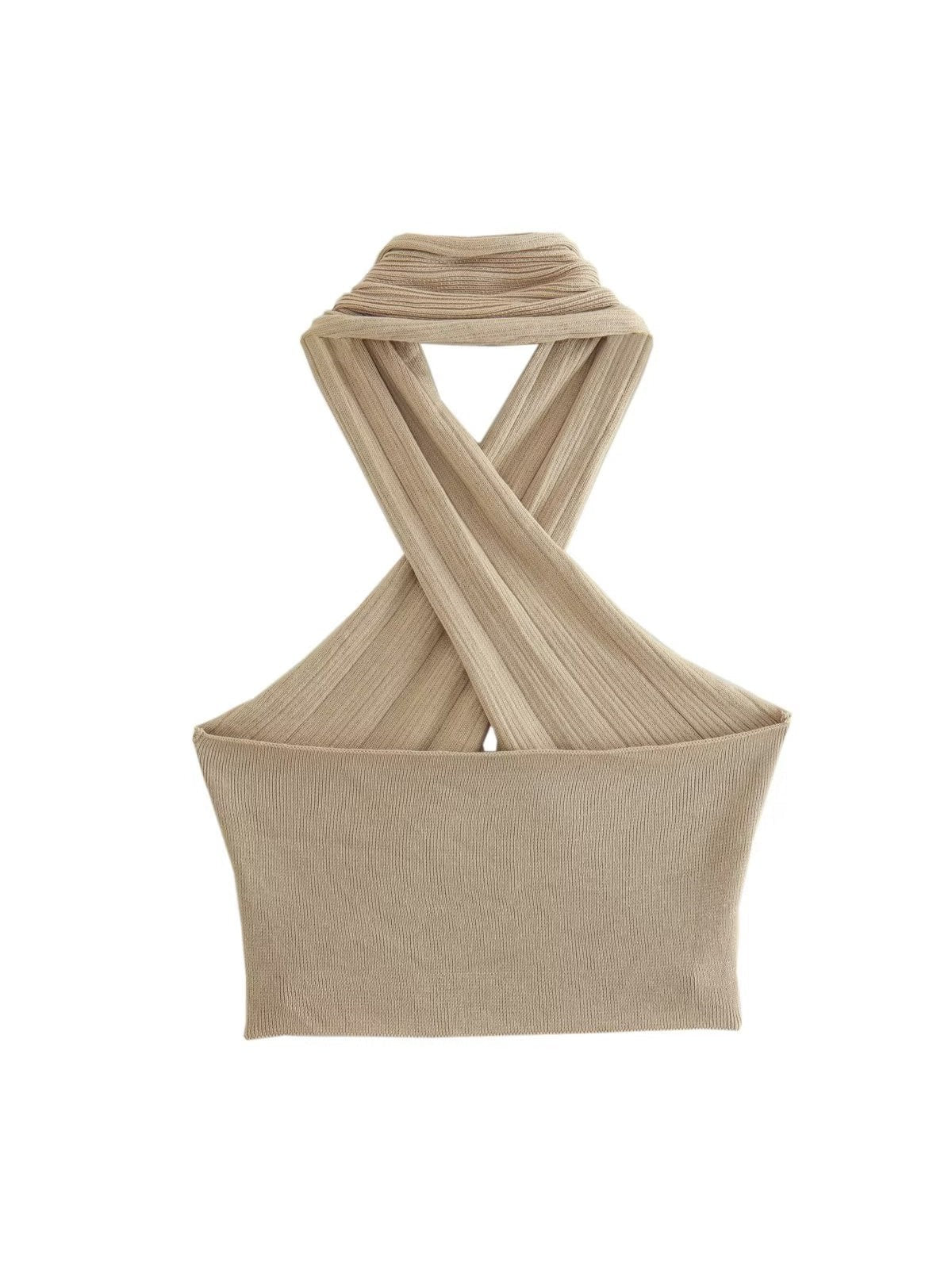 Khaki Halterneck Top & Asymmetric Knitting Skirt Set