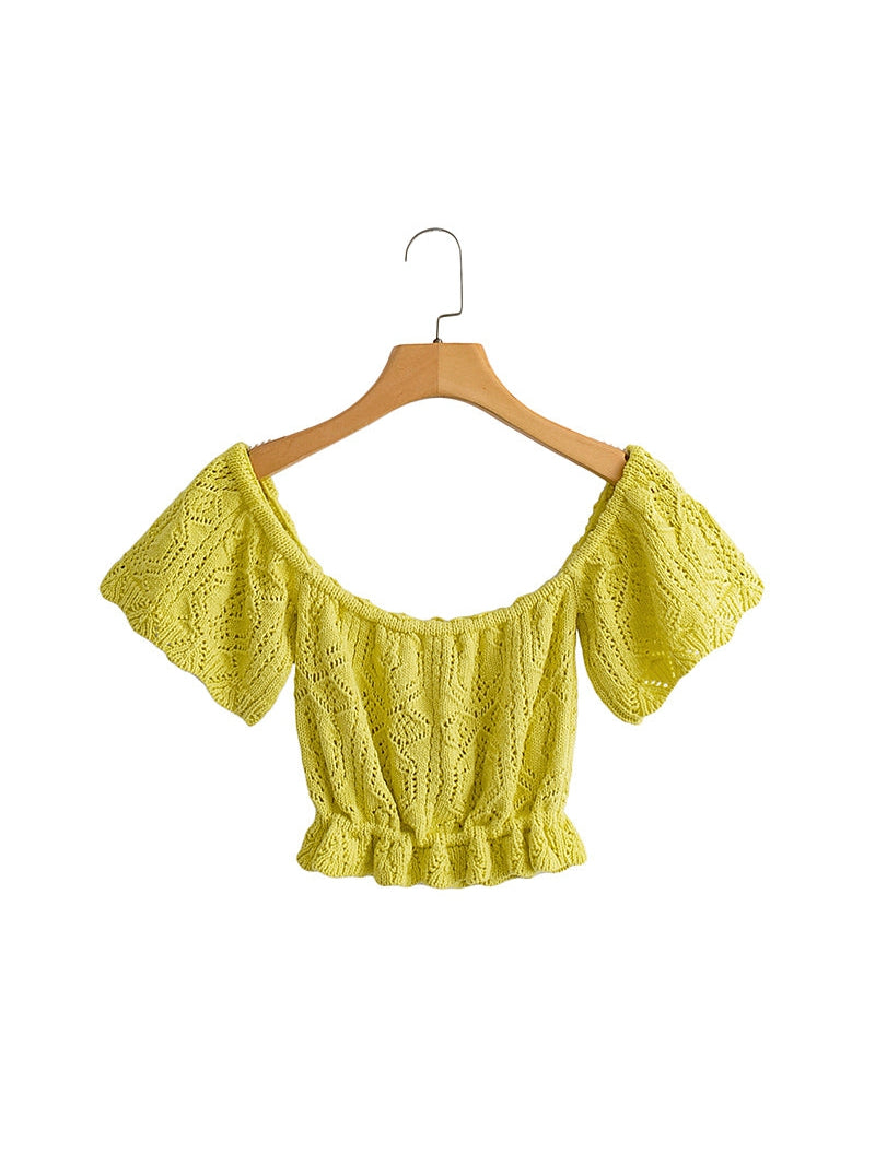 Jacquard Hollow Out off Shoulder Knitted Top