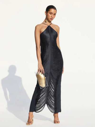 Halterneck Tassel Fringe Back Slit Maxi Dress-Exclusive