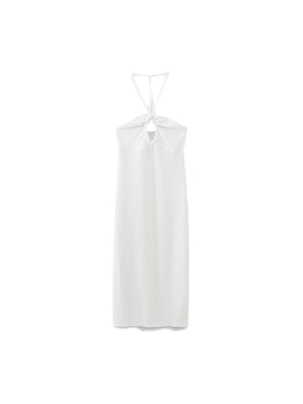 Halterneck Backless White Hollowout Ribbed Dress
