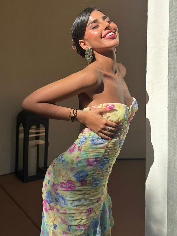 Floral Print Mesh Tube Top Fishtail Dress