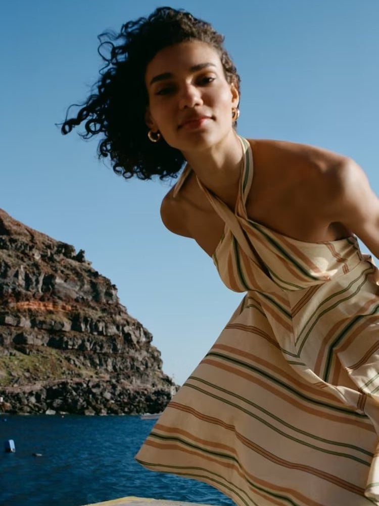 Striped Linen Blended Short Dress