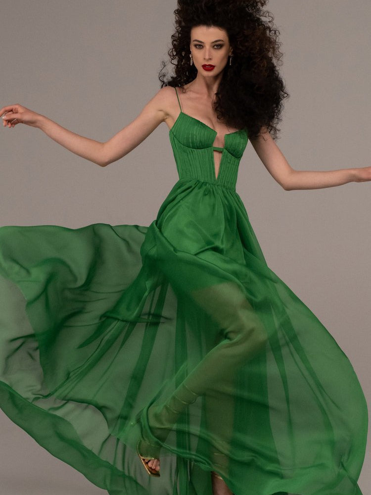 Rosalia Green Deep Neck Corset Maxi Dress