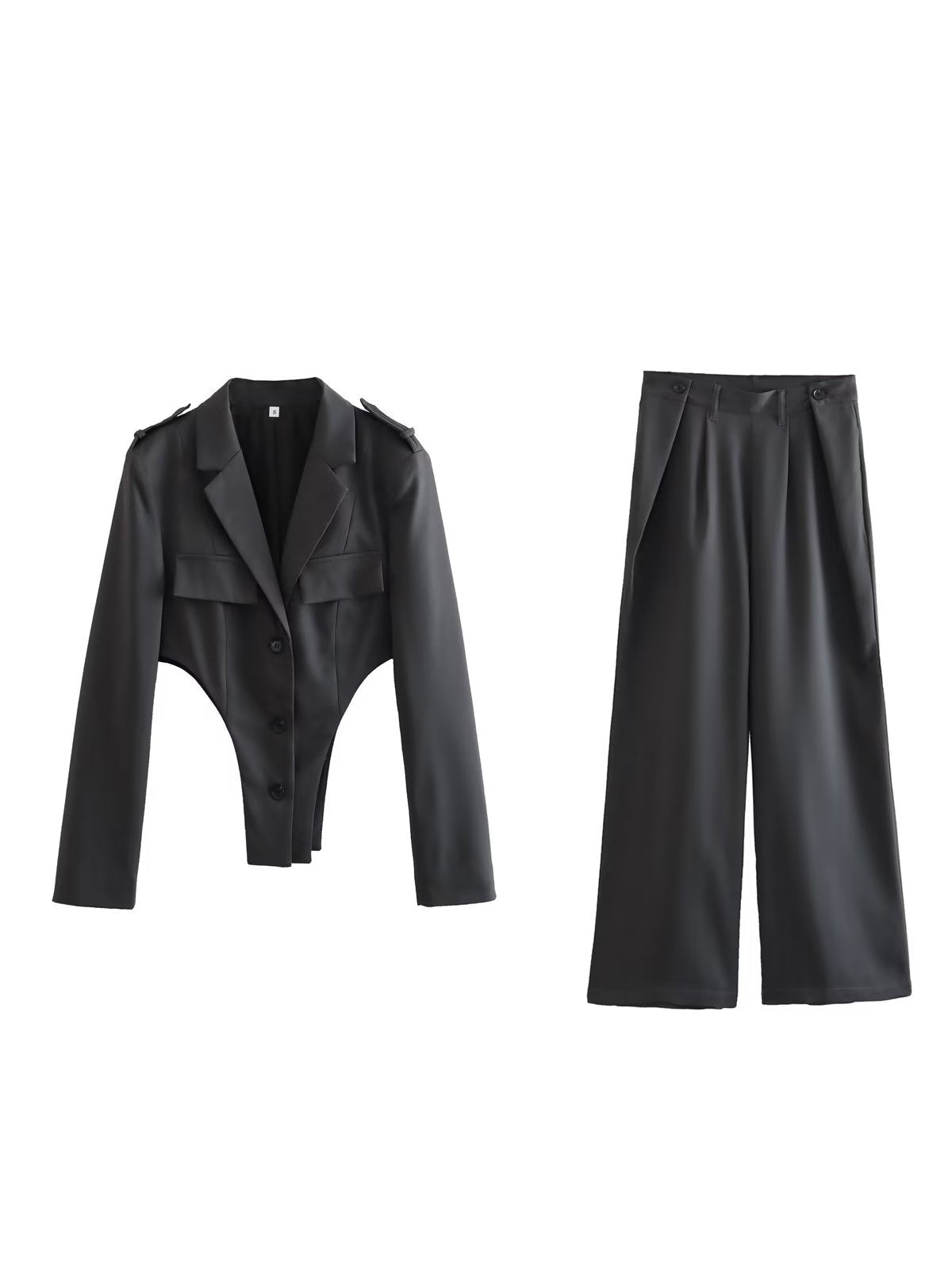 Black Blazer Cutout Bodysuit & High Waist Pants Coord Set